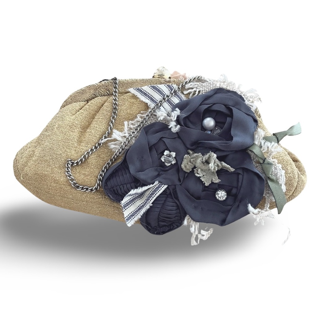 Thread Bare Vintage Evening Clutch Bag with Hand Sewn Fabric Flowers & Textiles